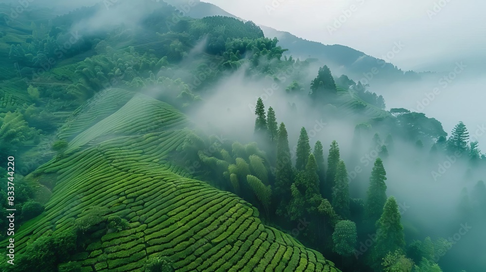 Wall mural aerial view of lush green tea plantation on misty mountain slope agriculture landscape drone photogr - Wall murals