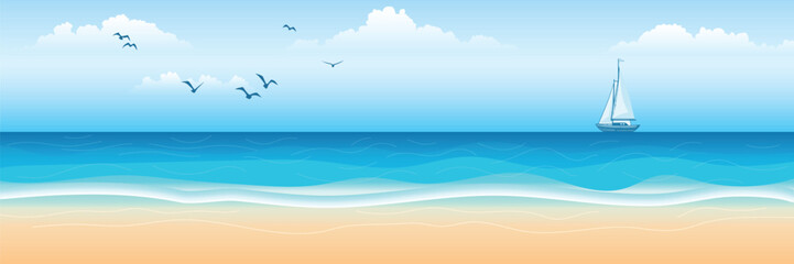 Seascape with sailing yacht, picturesque skies and sandy shores, summer vacation, vector cartoon, panoramic view
