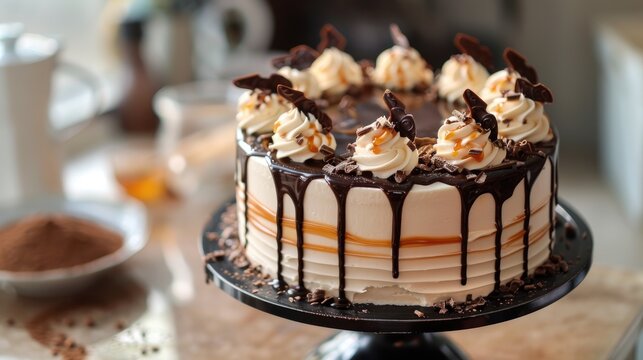 Decorated cake placed on a glass cake stand ready for decorating Baking Salted Caramel Chocolate Chilled Cake Collection