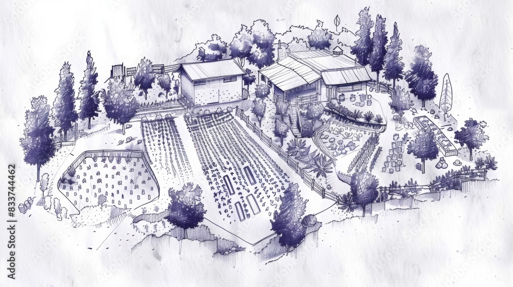 Poster a handdrawn blueprint of a permaculture farm layout showcasing intercropping techniques and conserva