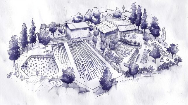 A handdrawn blueprint of a permaculture farm layout showcasing intercropping techniques and conservation areas.