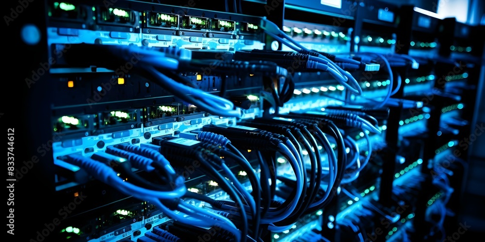 Poster data transfer via network cables connected to a switch in digital world. concept data transfer, netw