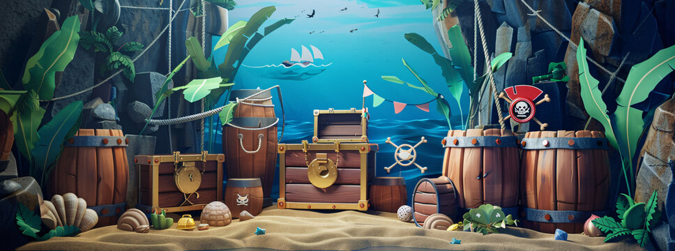 Adventure Stage Pedestal. Brown and Gold Treasure Chests, Nautical Symbols, and Exotic Undersea Decor.