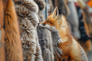 Fluffy fox looks at the furs