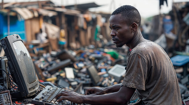 Young African Man Engaged in E-Waste Recycling at a Scrap Yard in Urban Setting