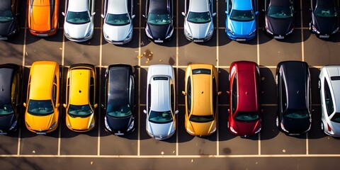 Overhead view of crowded parking lot with numerous vehicles. Concept Parking Lot, Crowded, Overhead View, Numerous Vehicles