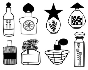 Hand drawn of perfume bottles doodle set. Vector illustration style.
