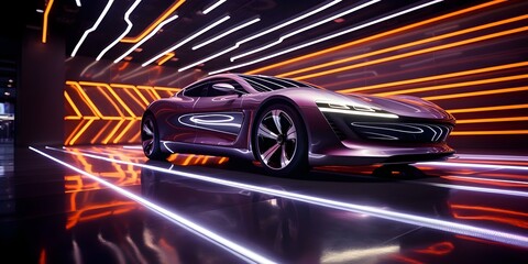 Futuristic car design showcased in virtual showroom with neon lights. Concept Virtual Showroom, Futuristic Car Design, Neon Lights, Automotive Technology