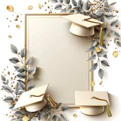 Un marco rectangular dorado con la silueta de un birrete de graduación y un diploma, ilustración vectorial