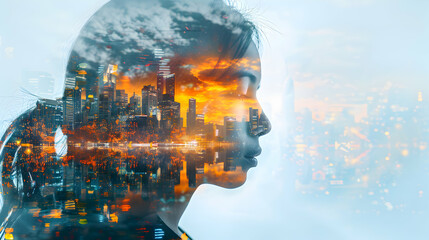 Photo realistic double exposure of social worker with community scene, symbolizing social responsibility and support. Perfect for social services and community ads on stock.