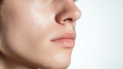 Obraz premium Close-up of a young person's face showcasing pimple and zit skin and natural beauty. The image emphasizes features such as lips, nose, and skin texture.
