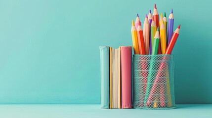 Fototapeta premium colorful books and pencils in wire mesh cup on light blue background playful concept for education and creativity still life photo