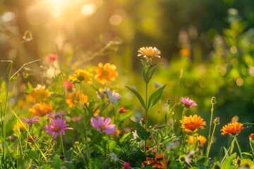 Vibrant blooming flowers and lush greenery in a spring meadow, with warm sunlight casting a golden glow.