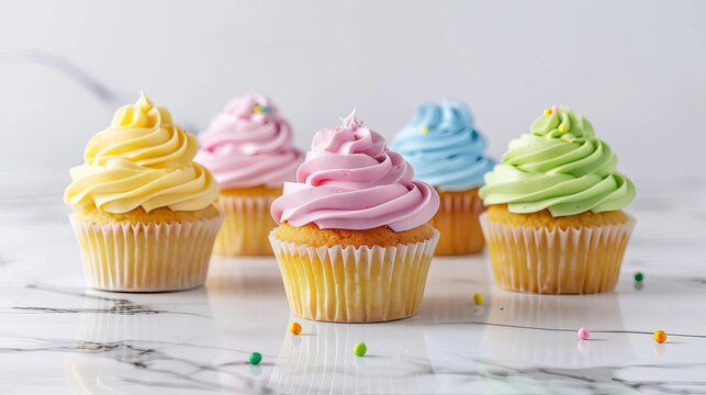 colorful cupcakes with pastel frosting on white marble counter creative food photography template for bakery or sweet treat design