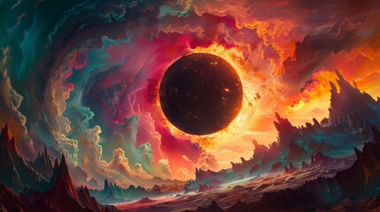 Abstract Solar Eclipses, Artistic representations of solar eclipses with surreal elements and...