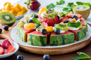 A close up view of a watermelon pizza topped with fresh fruit toppings.