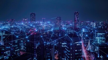 A captivating night view of a city skyline with interconnected glowing networks symbolizing high-tech communication and data transfer.