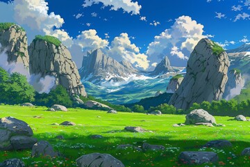 Green field with rocky mountains in the distance