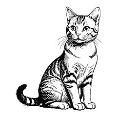 American Shorthair Cat Hand Drawn Engraved Ink Line Art Sketch Illustration