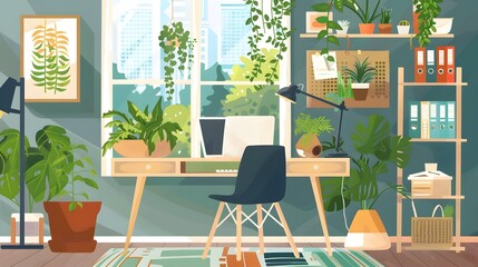 Stylish Home Office Art: A Warm and Inviting Workspace with Laptop and Plants