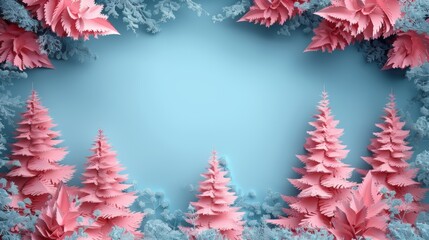 Fototapeta premium top view of pink paper cut christmas tree frame against pastel blue background, creating a d effect with layers and shadows creative holiday banner mockup