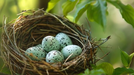 Fototapeta premium delicate birds nest with speckled eggs closeup nature photography