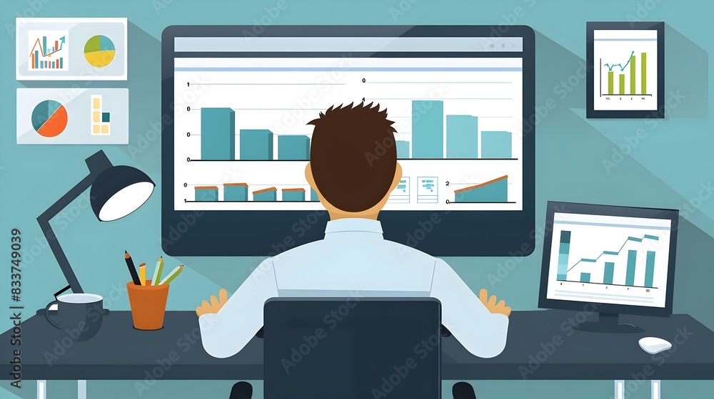 Poster productive office worker analyzing data on computer in art