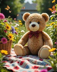 An Adorable Plush Teddy Bear Sitting on a Picnic Blanket in a Sunny Garden, Surrounded by Colorful Flowers and Butterflies