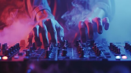 dj mixing music at nightclub hands on deck controls strobe lights and fog electrifying atmosphere closeup photo