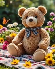 An Adorable Plush Teddy Bear Sitting on a Picnic Blanket in a Sunny Garden, Surrounded by Colorful Flowers and Butterflies