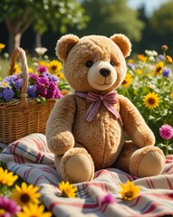 An Adorable Plush Teddy Bear Sitting on a Picnic Blanket in a Sunny Garden, Surrounded by Colorful Flowers and Butterflies