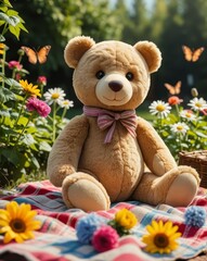 An Adorable Plush Teddy Bear Sitting on a Picnic Blanket in a Sunny Garden, Surrounded by Colorful Flowers and Butterflies