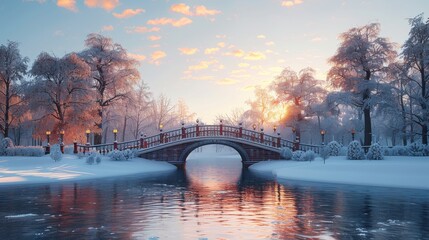 An illustration of a winter snowy park with a bridge crossing a frozen river, ice, trees, and a perfect sunset.