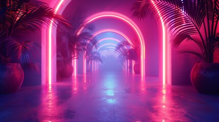 minimal background with neon palm leaves emitting from arches into perspective for a creative banner mockup concept design