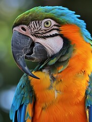 Fototapeta premium Vibrant close-up of a colorful macaw parrot with intricate feather patterns and intense gaze. Blue, green, yellow, orange.