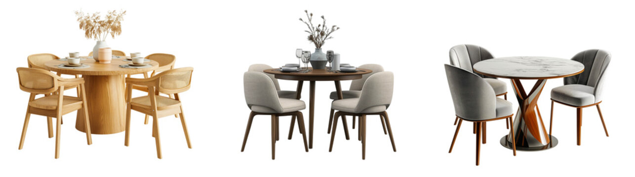 Wooden round dining table designs with chair set isolated on transparent or white background