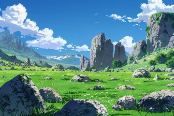 Green field with rocky mountains in the distance