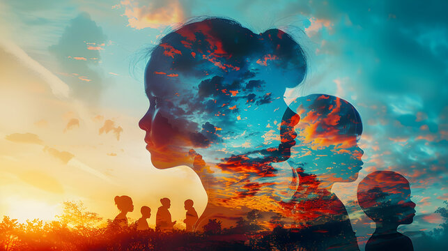 Teacher Silhouette with Blended Children s Faces: Inspiring Hope and Impact of Education for Future Generations   Ideal for Educational and Inspirational Ad Campaigns