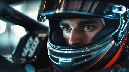 Close up portrait of racing car driver wearing helmet and focusing on driving car. Skilled driver...