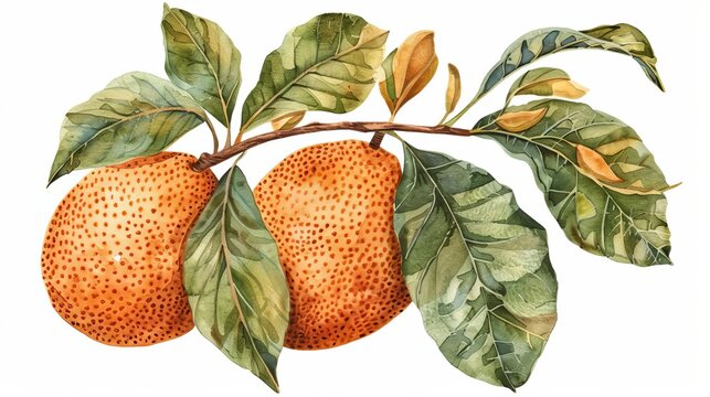 exotic sapodilla fruit isolated on white vintage botanical illustration detailed and intricate watercolor