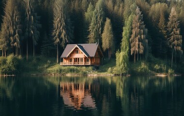 Fototapeta premium wooden house by the lake located in the middle of the forest