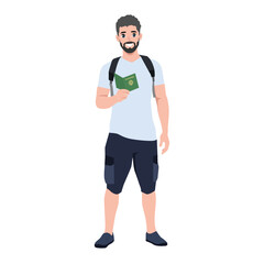 Man traveler with passport and ticket. Flat vector illustration isolated on white background