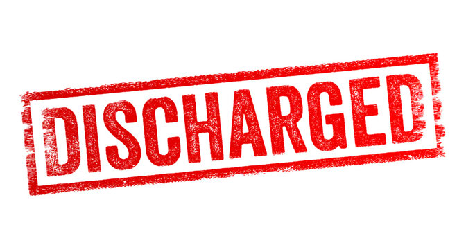 Discharged - tell someone officially that they can or must leave a place or situation, text concept stamp
