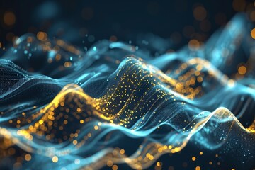 Naklejka premium Abstract background with gold and blue glowing neon moving high-speed wave lines and bokeh lights. Visualization of sound waves. Data transfer concept. Fantastic wallpaper, AI-generated