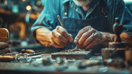 Obraz premium Jewelry Designer at Work: Capture a close-up of a jewelry designer's hands crafting a piece of jewelry, with tools and materials in the background.