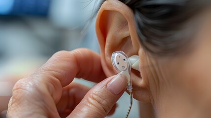 Fototapeta premium Digital Hearing Aid Close-Up: Empowering Audio Experience Through Careful Adjustment