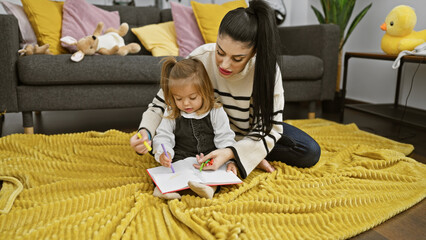 A mother helps her daughter with drawing in a cozy living room, evoking warmth, bonding, and creativity