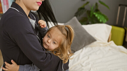 A mother embraces her young daughter in a loving hug on a bed inside a cozy bedroom, denoting...