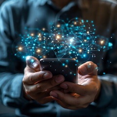 A man is holding a cell phone with a blue screen that has a lot of lines and dots. Concept of technology and connectivity, as well as the idea of being constantly connected to the digital world
