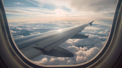 Obraz premium A stunning view from an airplane window showing clouds and the sun setting in the horizon, capturing the beauty of flight. 